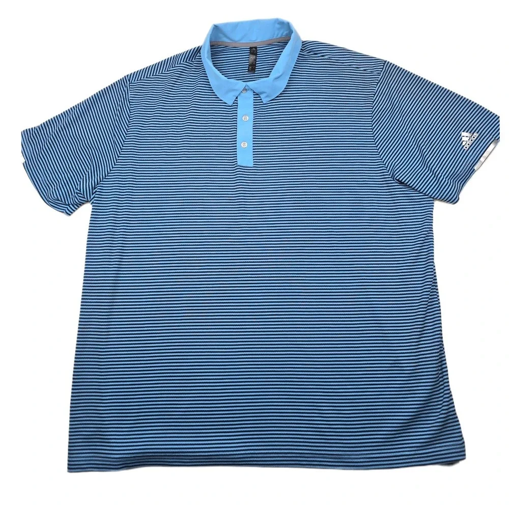 Adidas Golf Polo Shirt Mens 2XL Blue Black Striped Polyester HEAT.RDY‎ Golf Top